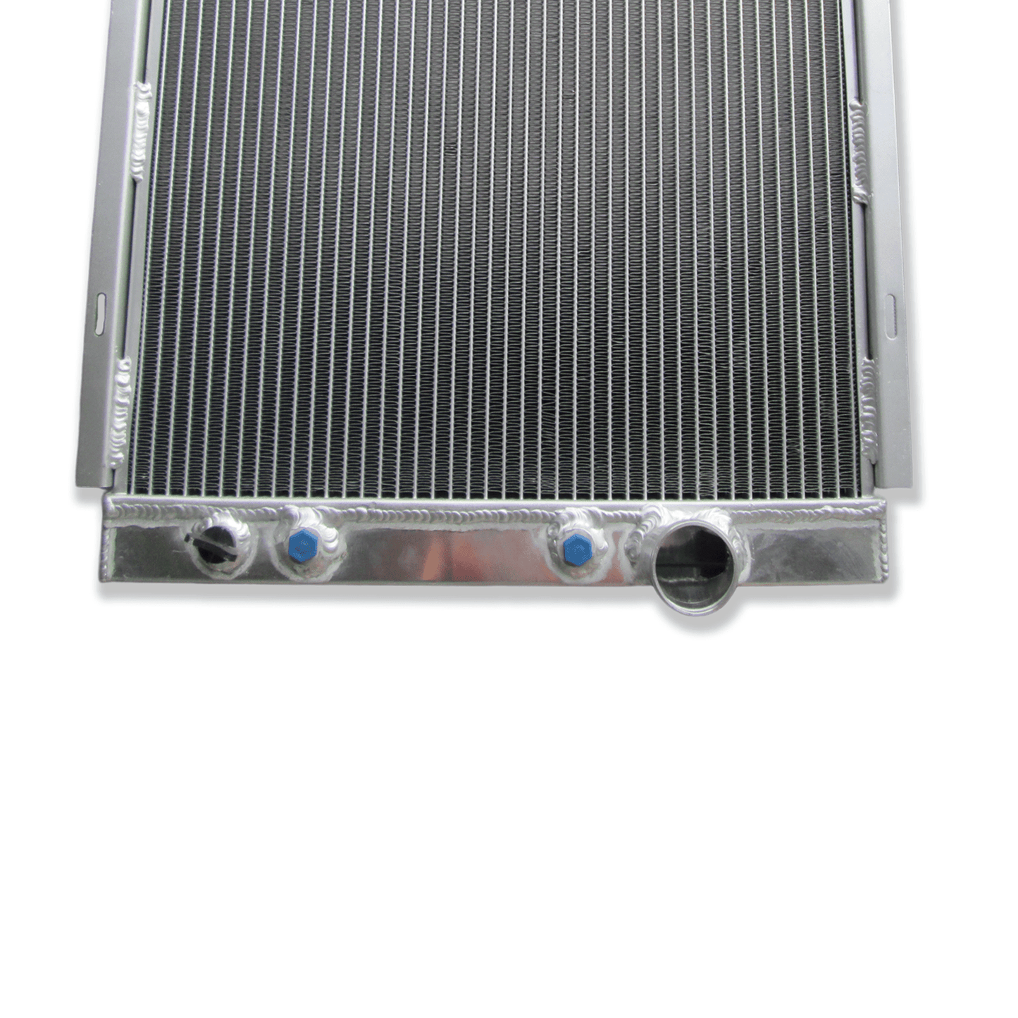 Close-up detail of the precision TIG welds on the 3-row aluminum radiator, built for classic Ford V8 performance and long-lasting reliability.
