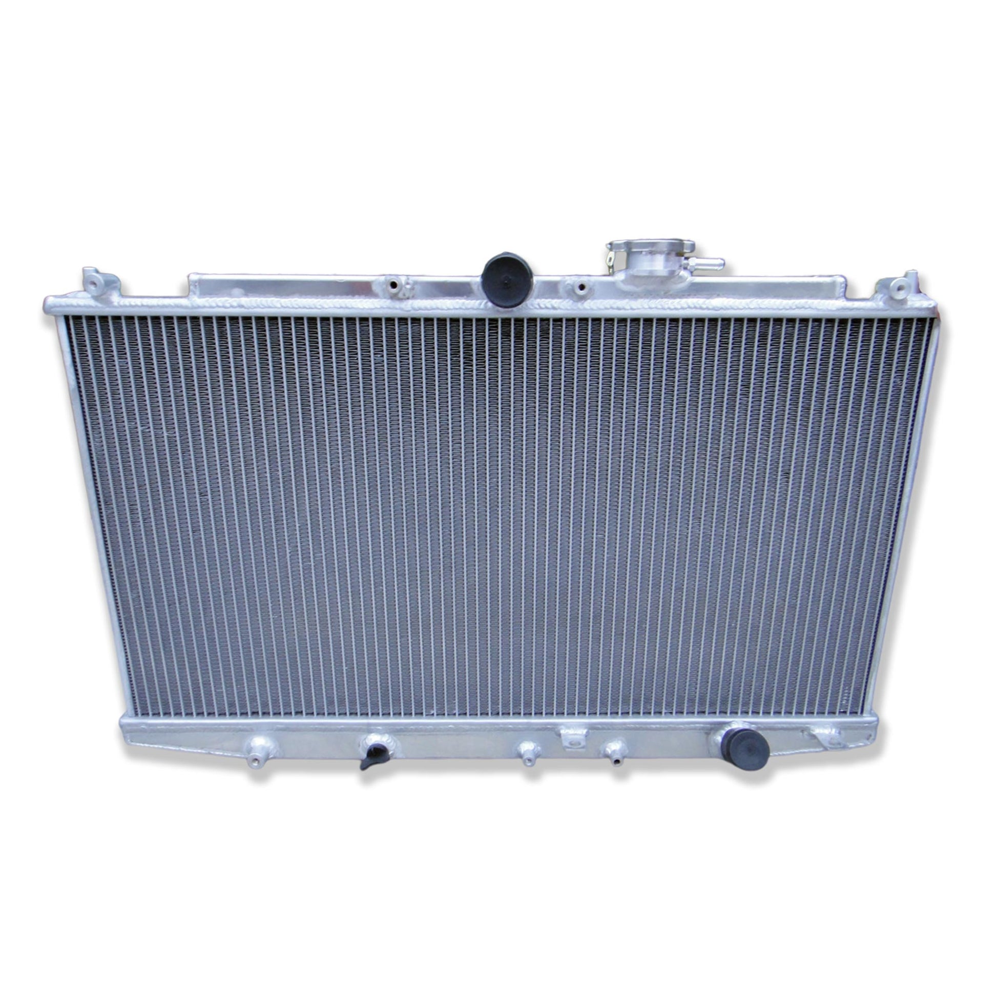 Close-up detail of the precision TIG welds on the aluminum radiator, built for the high-revving Honda F20B VTEC engine.