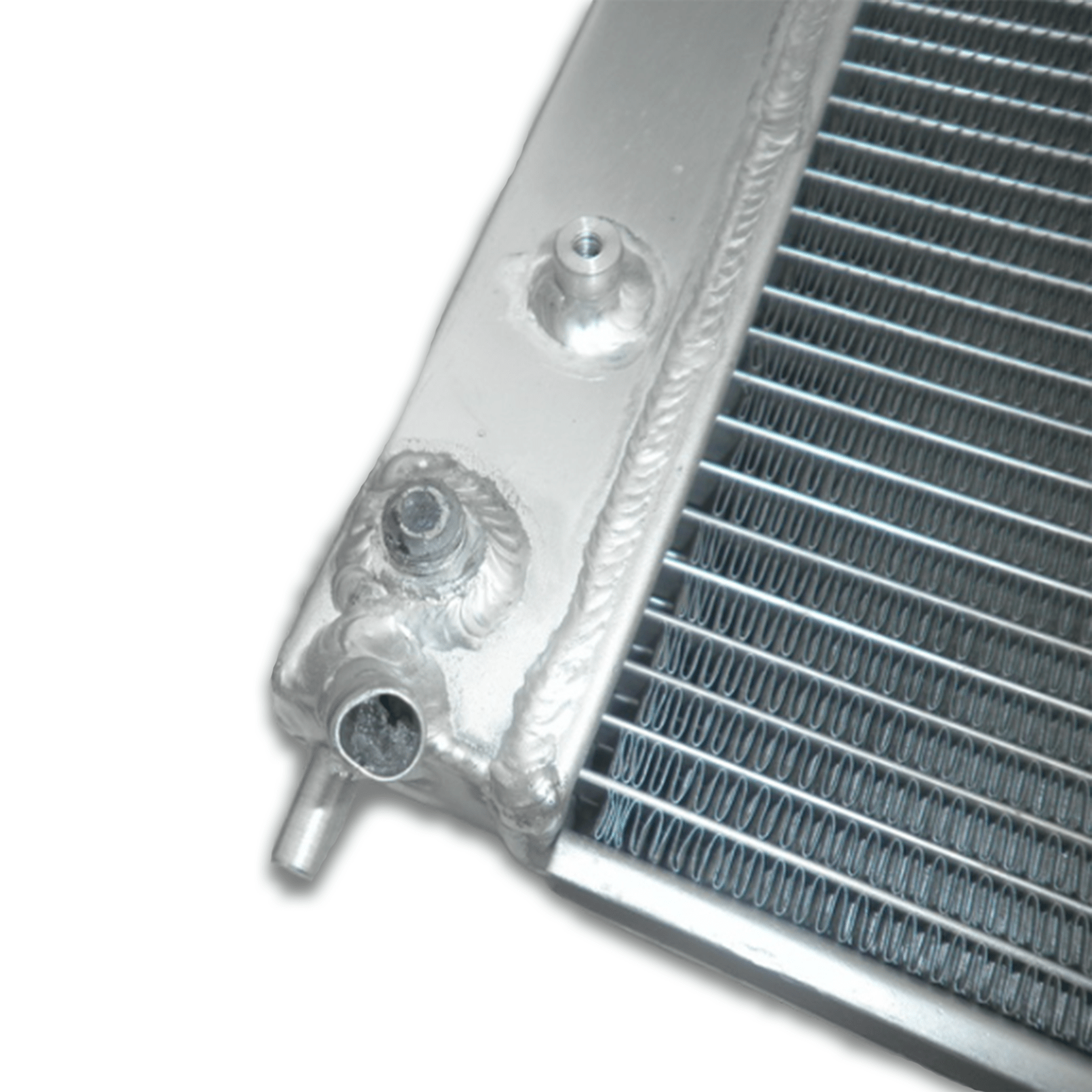Close-up detail of the precision TIG welds on the aluminum radiator for the SAAB 9-5, ensuring a leak-proof, high-performance build.