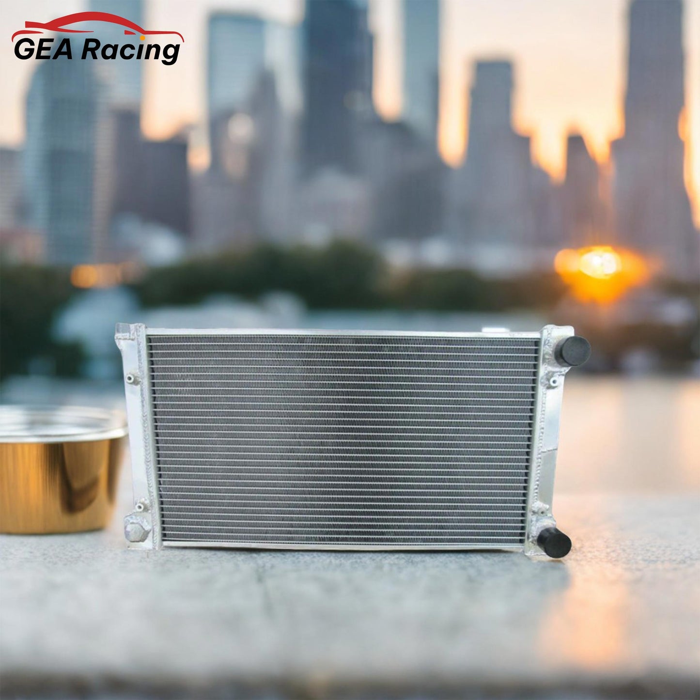 Close-up detail of the precision TIG welds on the aluminum radiator for VW 8V engines, ensuring a leak-proof, high-performance service life.
