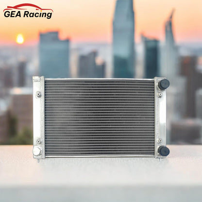 Close-up detail of the precision TIG welds on the aluminum radiator for VW 16V engines, ensuring a leak-proof, high-performance service life.