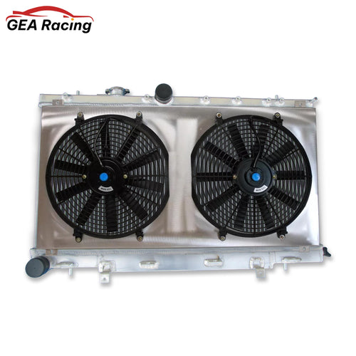 The complete performance cooling package: aluminum radiator, custom-fit fan shroud, and dual electric fans for a 02-07 WRX/STI.