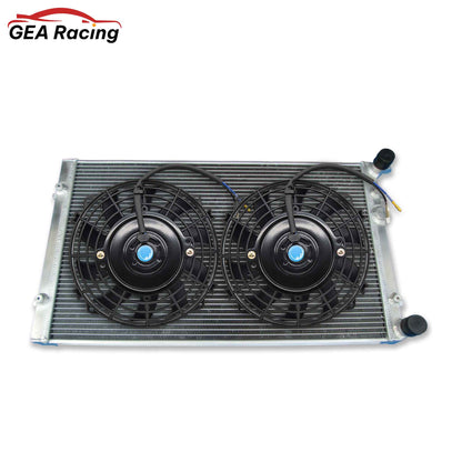 The optional dual pass radiator and fan shroud kit for the VW MK4/Audi TT, featuring high-performance slim electric fans to maximize cooling.