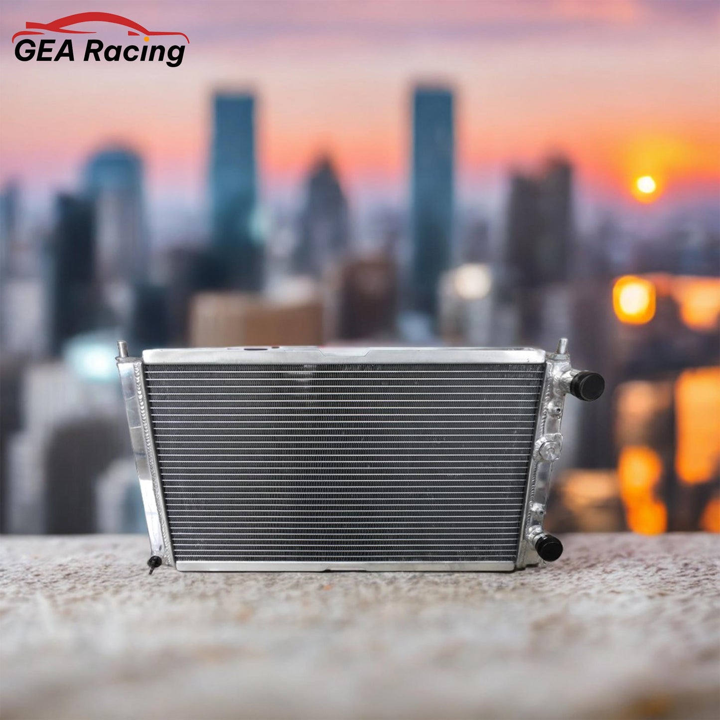 Engine bay of a Fiat Punto GT 176 showcasing the installed 3-row full aluminum performance radiator.