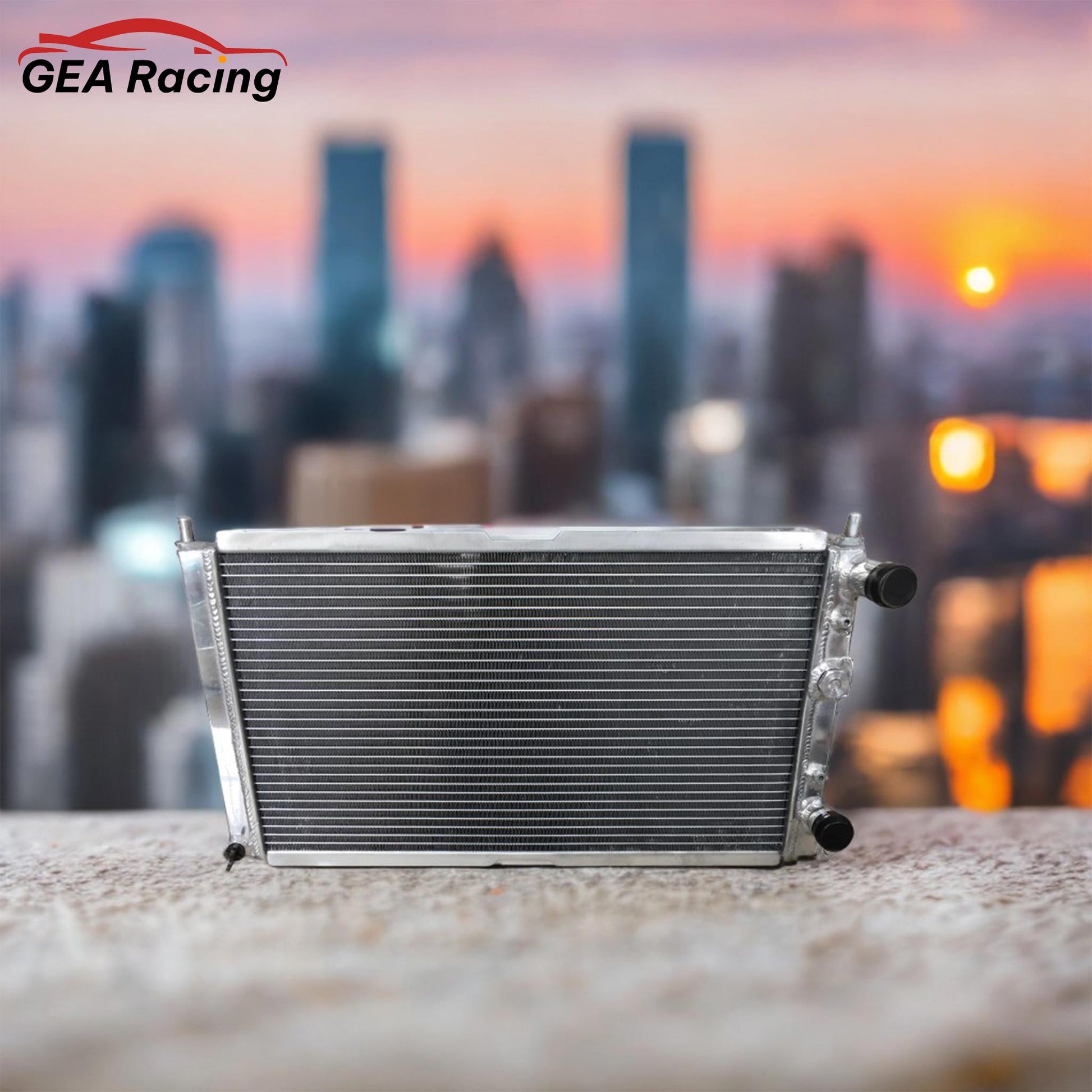 Engine bay of a Fiat Punto GT 176 showcasing the installed 3-row full aluminum performance radiator.