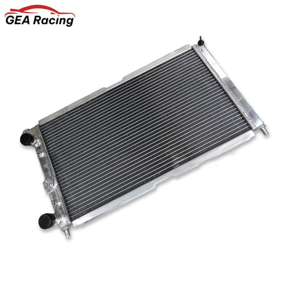 Left side profile view of the 3-row aluminum radiator for Fiat Punto Series I GT, highlighting its core depth.