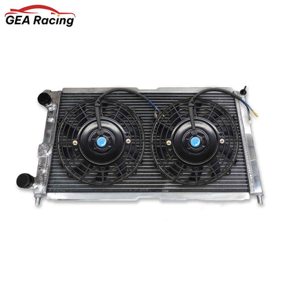 3-row aluminum radiator for Fiat Punto GT paired with a high-flow electric fan and custom shroud kit for max cooling.