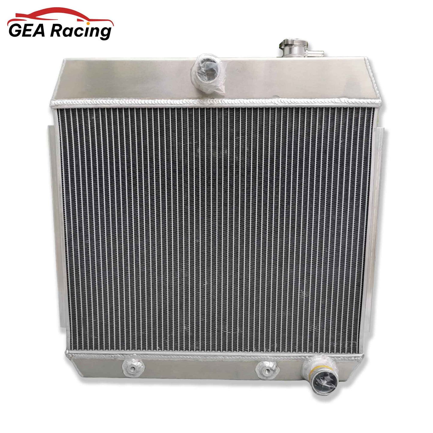Front view of the 3-row heavy-duty aluminum radiator for a 1955-1957 "Tri-Five" Chevy Bel Air, Nomad, 150, or 210 with a V8 engine.