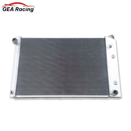 Front view of the 3-row heavy-duty aluminum radiator for 1973-1986 Chevy "Square Body" C/K trucks with 5.7L or 7.4L V8 engines.