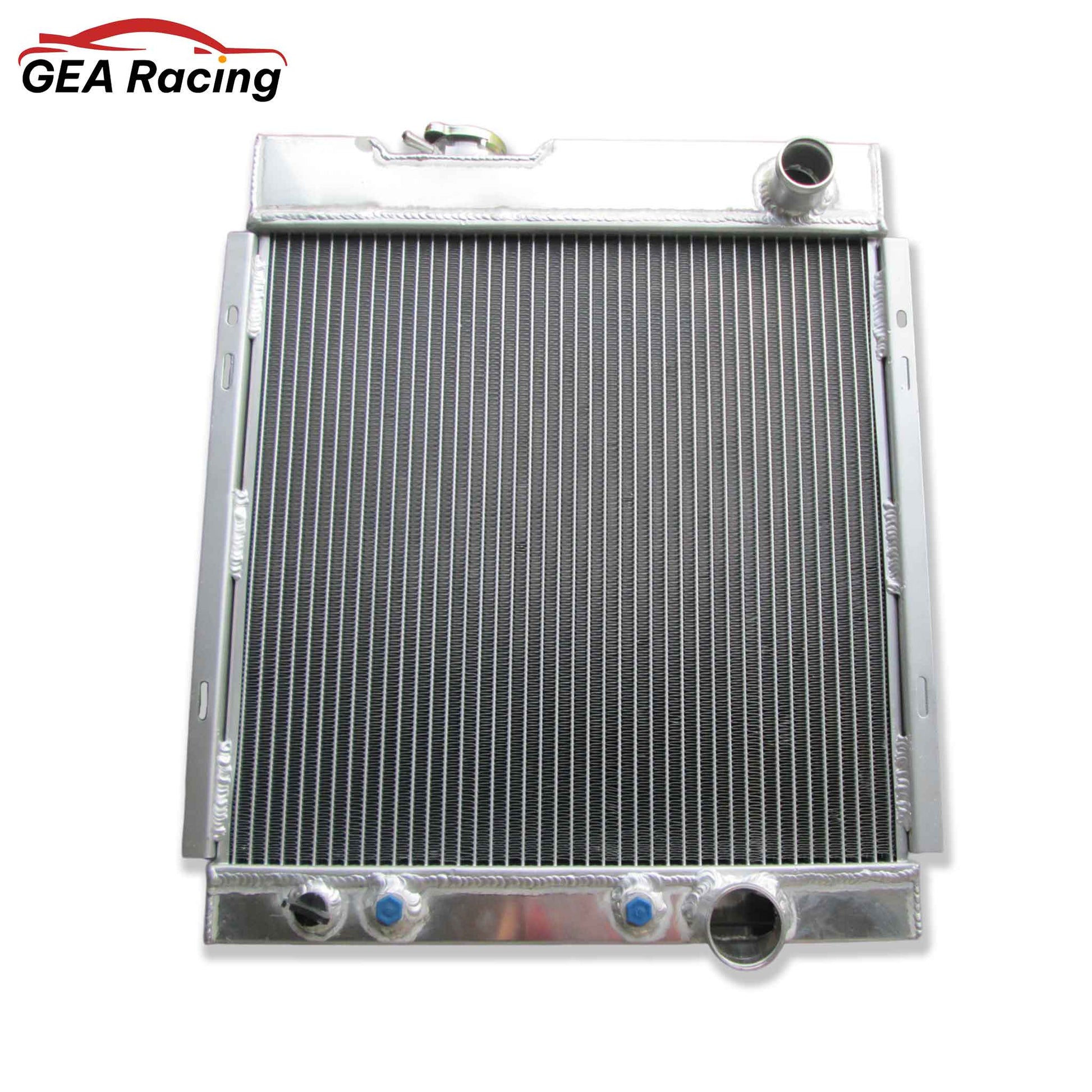 Front view of the 3-row high-performance aluminum radiator for 1964-1966 Ford Mustang and 1960-1965 Falcon/Comet with V8 engines (AT/MT).
