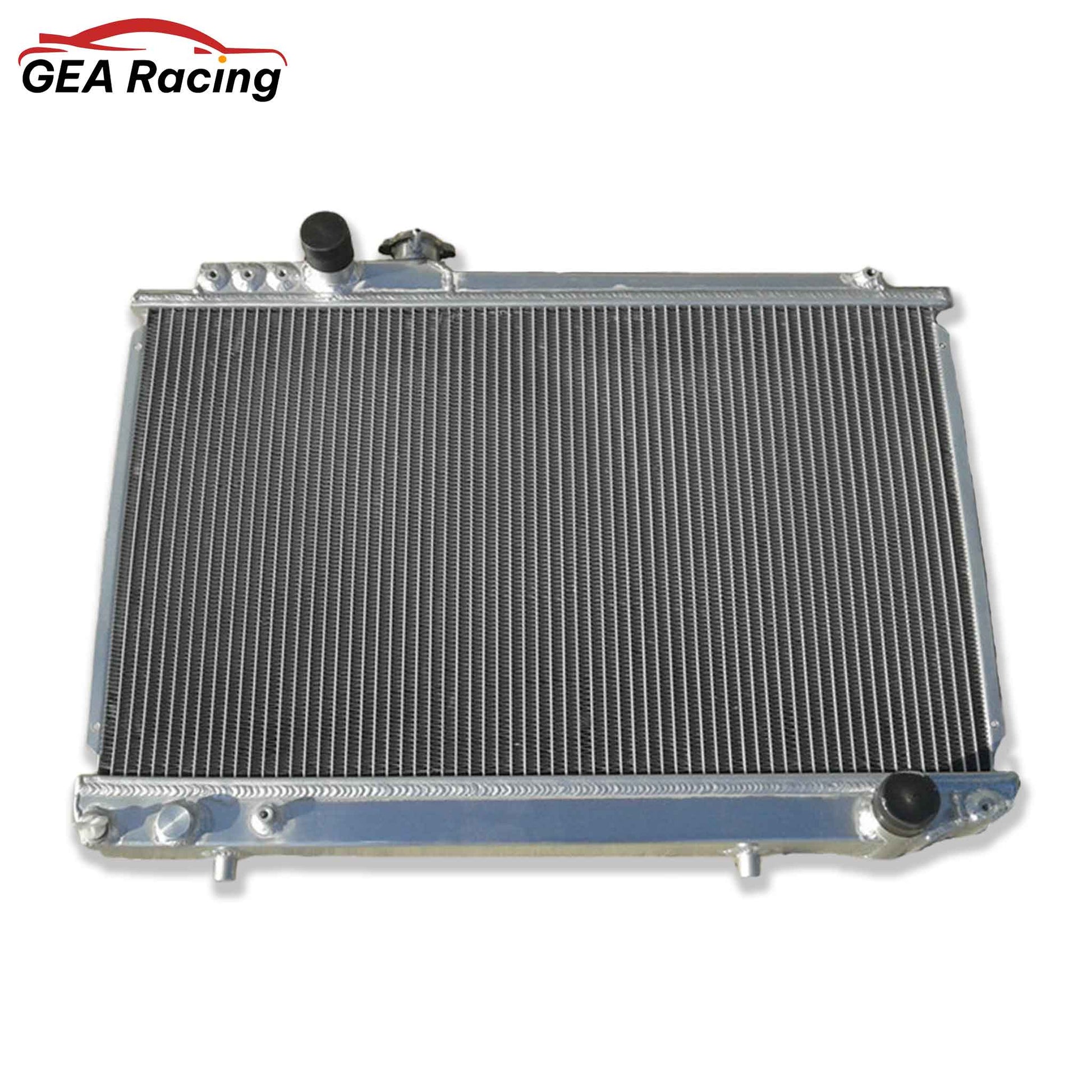 Front view of the 3-row performance aluminum radiator for the 1986-1992 Toyota Supra MK3 and Soarer MZ20 with a 7M-GTE engine and manual transmission.