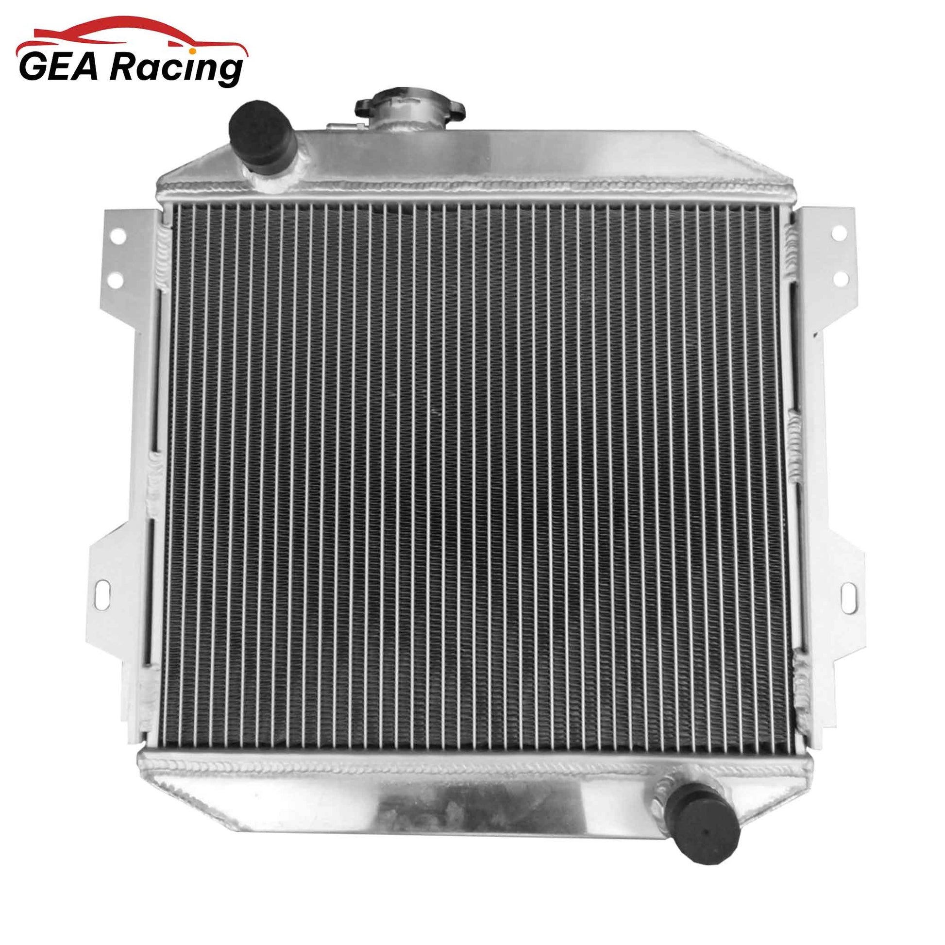 Front view of the aluminum radiator and fan kit for the classic Ford Capri MK1, MK2, and MK3 with Kent or Pinto engines.