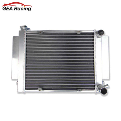 Front view of the high-performance aluminum radiator for classic Mazda RX2, RX3, RX4, & RX5 rotary models (1969-1993) with manual transmission, showing the high-density cooling core.
