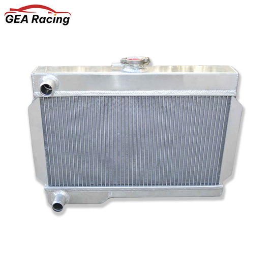 Front view of the high-performance aluminum radiator for the 1962-1974 MG MGB and MGB GT with a manual transmission.