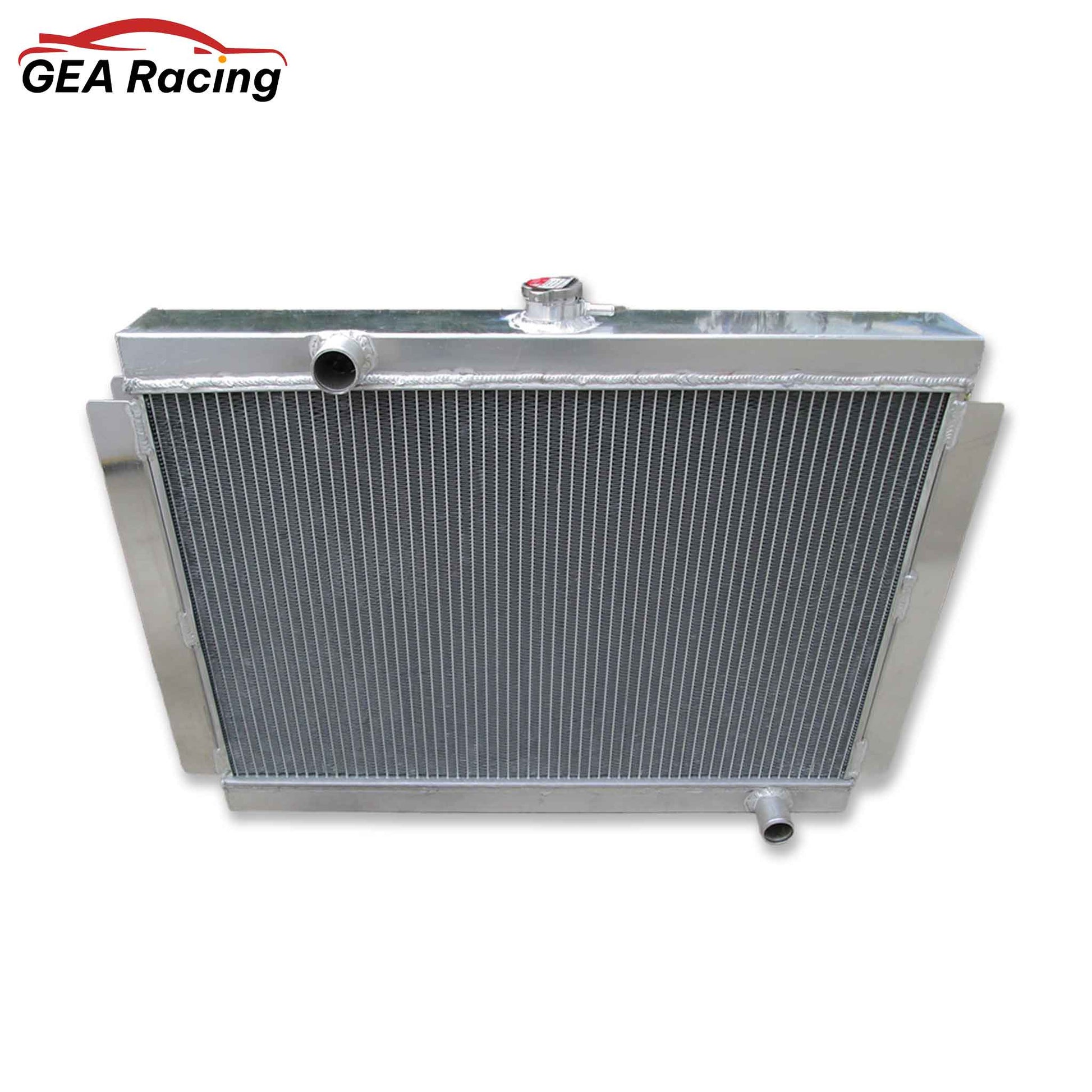 Front view of the full aluminum radiator for the 1975-1983 Nissan Datsun 280Z (S30) and 280ZX (S130) with 2.8L engine, showcasing the high-efficiency cooling core for manual transmission models.