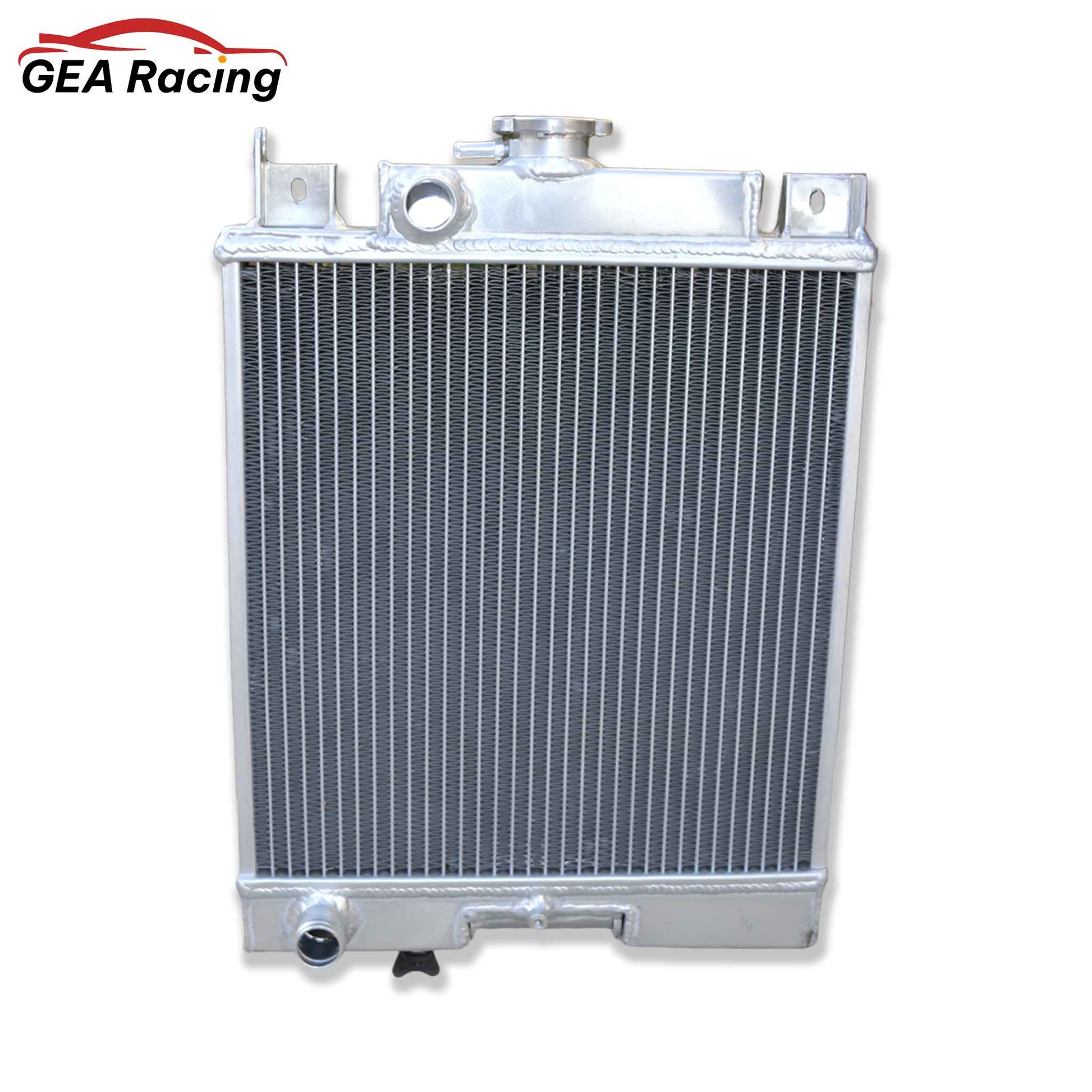 Front view of the performance aluminum radiator for the 1989-1994 Suzuki Swift and Geo Metro, designed for 1.0L, 1.3L, and 1.6L MT models.