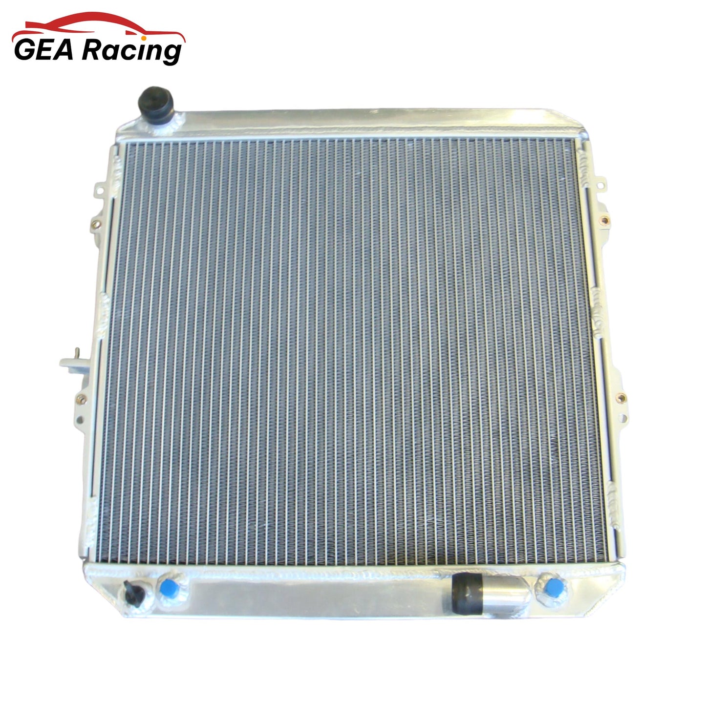 Front view of the aluminum radiator for a 1988-1997 Toyota Hilux Surf LN130 (2.0L/2.4L), featuring a "no cap" design for use with an expansion tank.