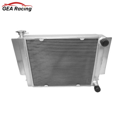 Front view of the race-spec aluminum radiator for Mazda RX2, RX3, RX4, & RX5 (1969-83), designed for applications without a heater pipe (heater delete) for maximum cooling.