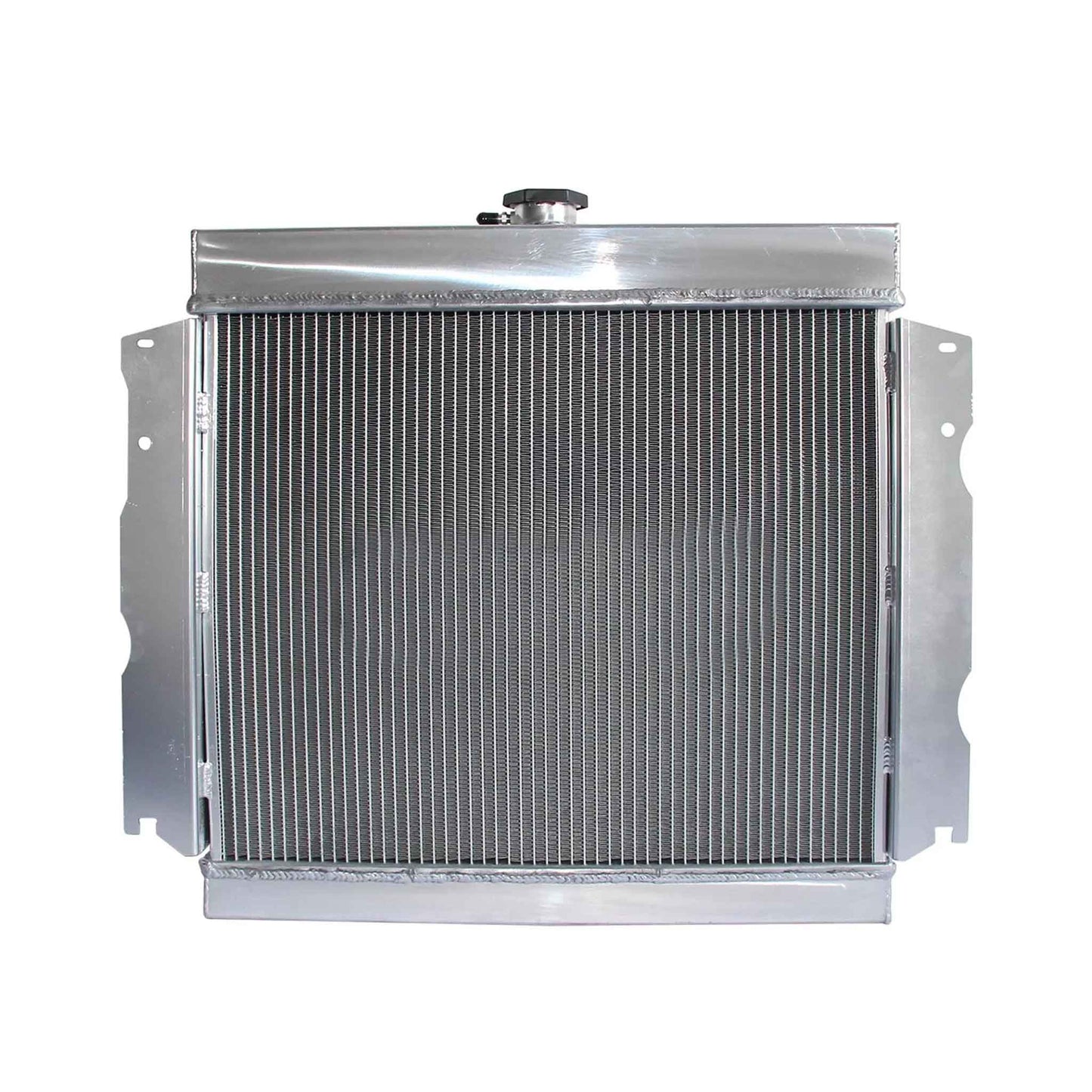 Back view of the GEA Racing 3 Row Aluminum Radiator designed for 1963-1969 Plymouth Valiant, Signet, Savoy, Dodge 7.0L V8 models.
