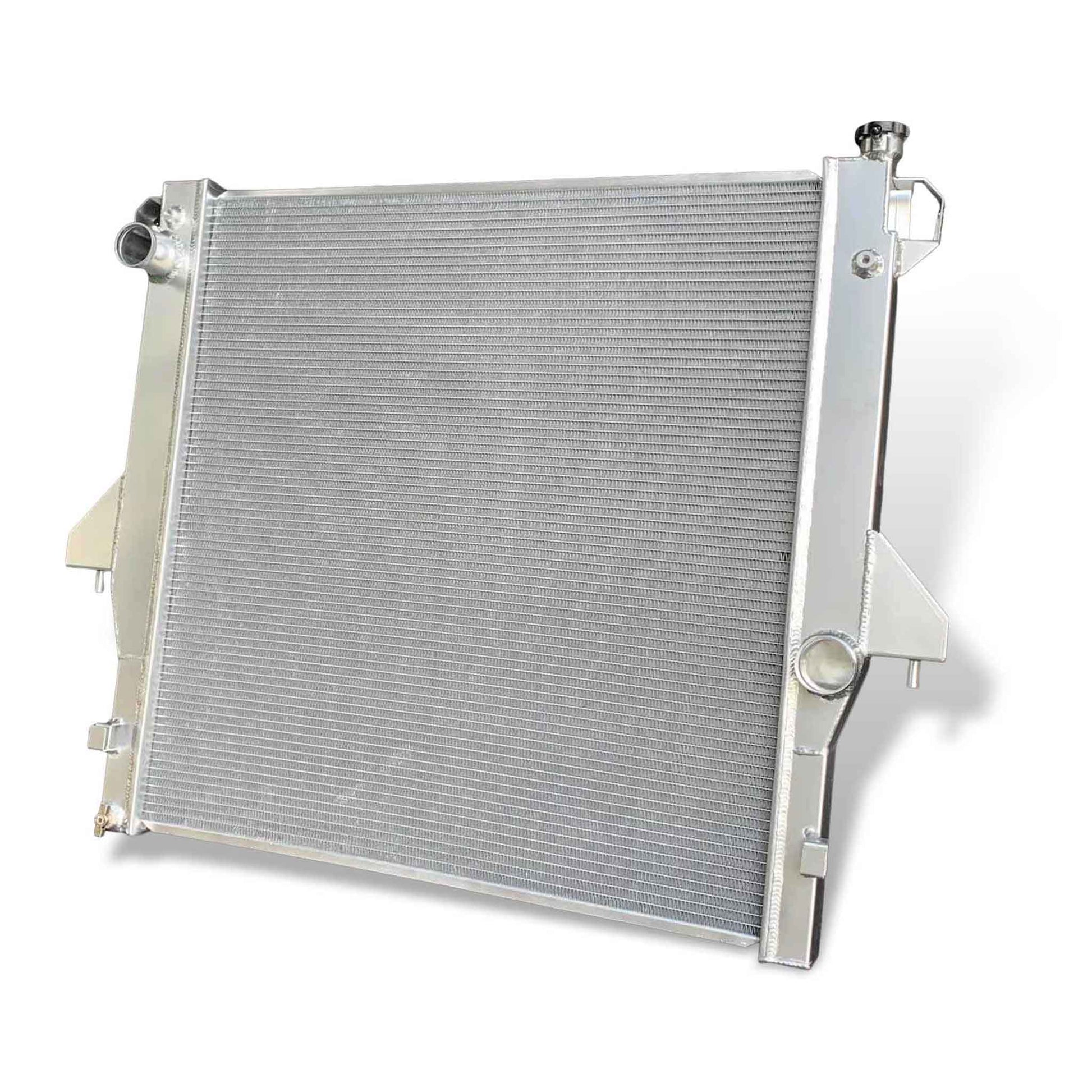 Right side detail of the GEA Racing Aluminum Radiator for 2003-2009 Dodge Ram heavy-duty trucks with L6 engine and MT.