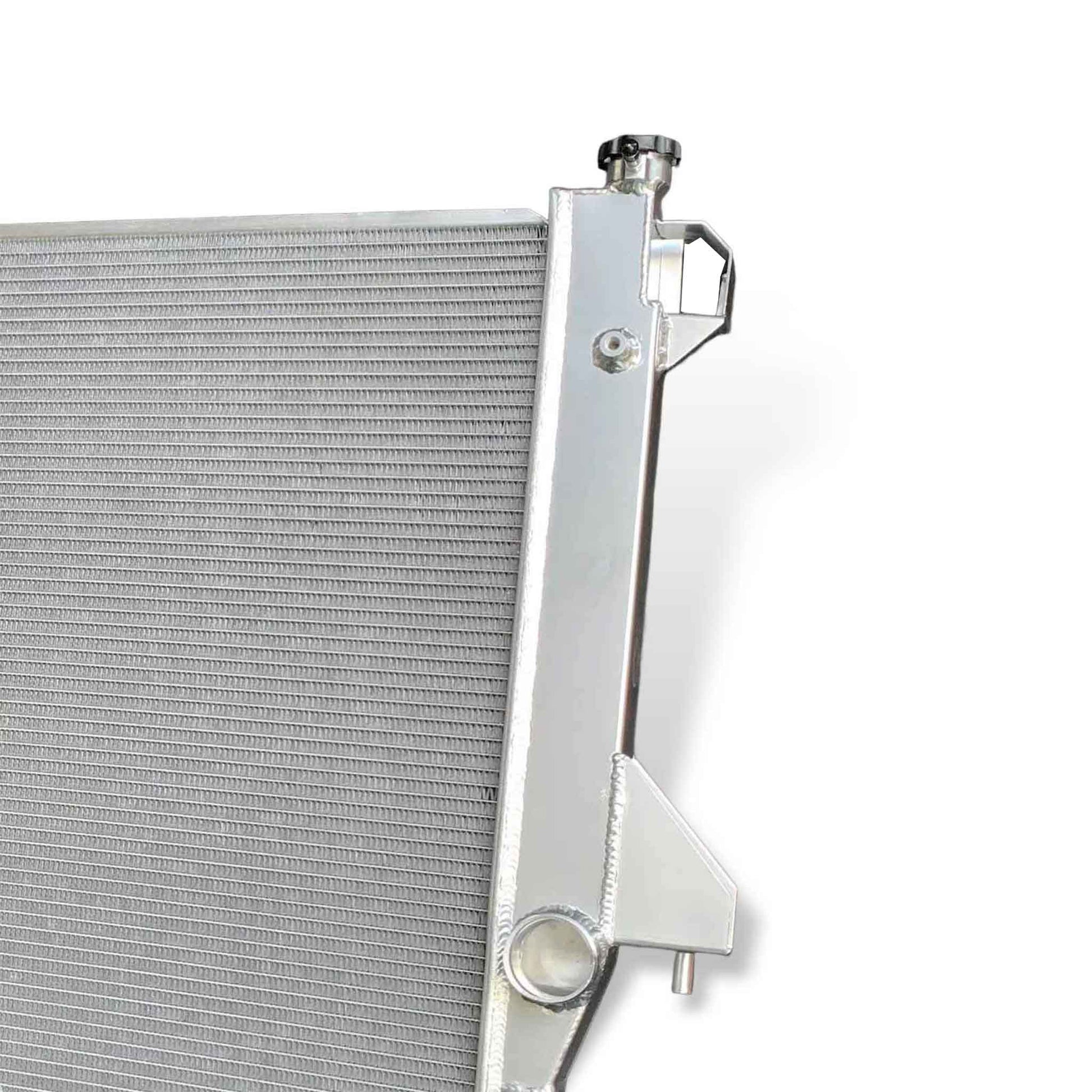 Detail of core and welds on the GEA Racing Aluminum Radiator for 2003-2009 Dodge Ram 2500-5500 L6 manual transmission.