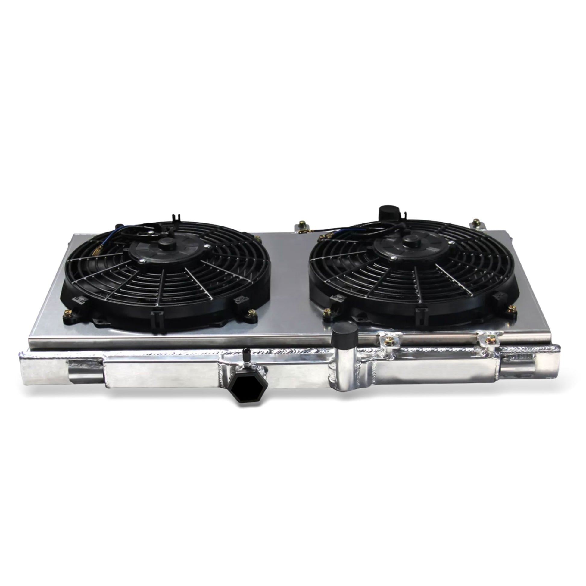 Aluminum fan shroud 2-row 34mm core top rear view Geo Prizm Toyota Corolla (1993-1997) OEM Mounts