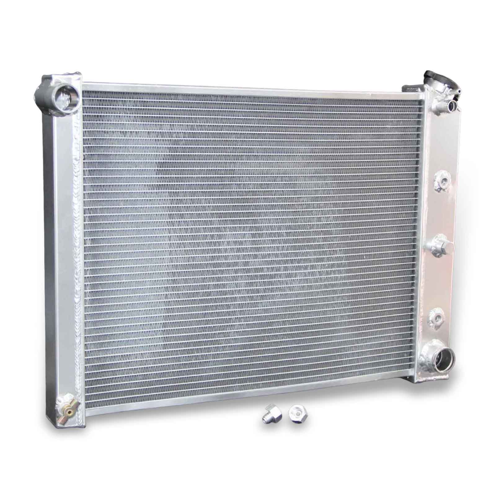 Left side profile of a high-performance 3 row aluminum radiator designed for a 4.1L L6 1968-1979 Chevrolet Camaro and Nova.