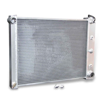 Left side profile of a high-performance 3 row aluminum radiator designed for a 4.1L L6 1968-1979 Chevrolet Camaro and Nova.
