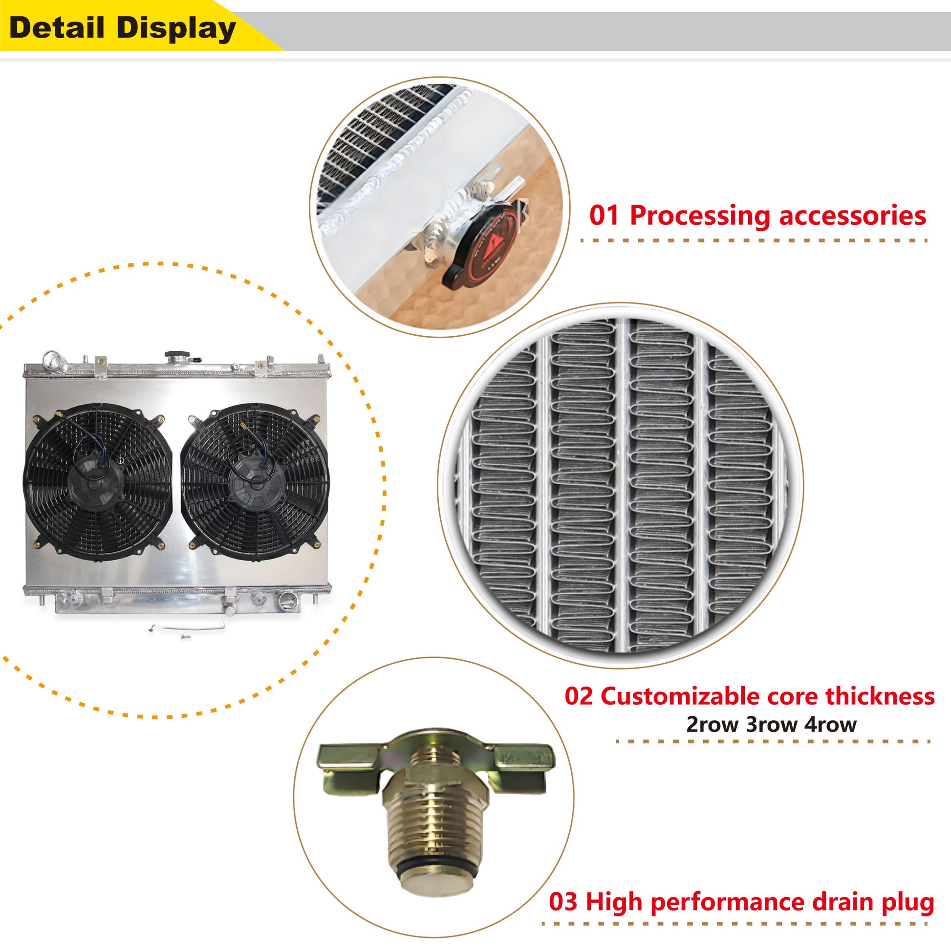 Close-up detail view of aluminum radiator and fan shroud for Honda Passport Isuzu Rodeo 1998-2004 AT
