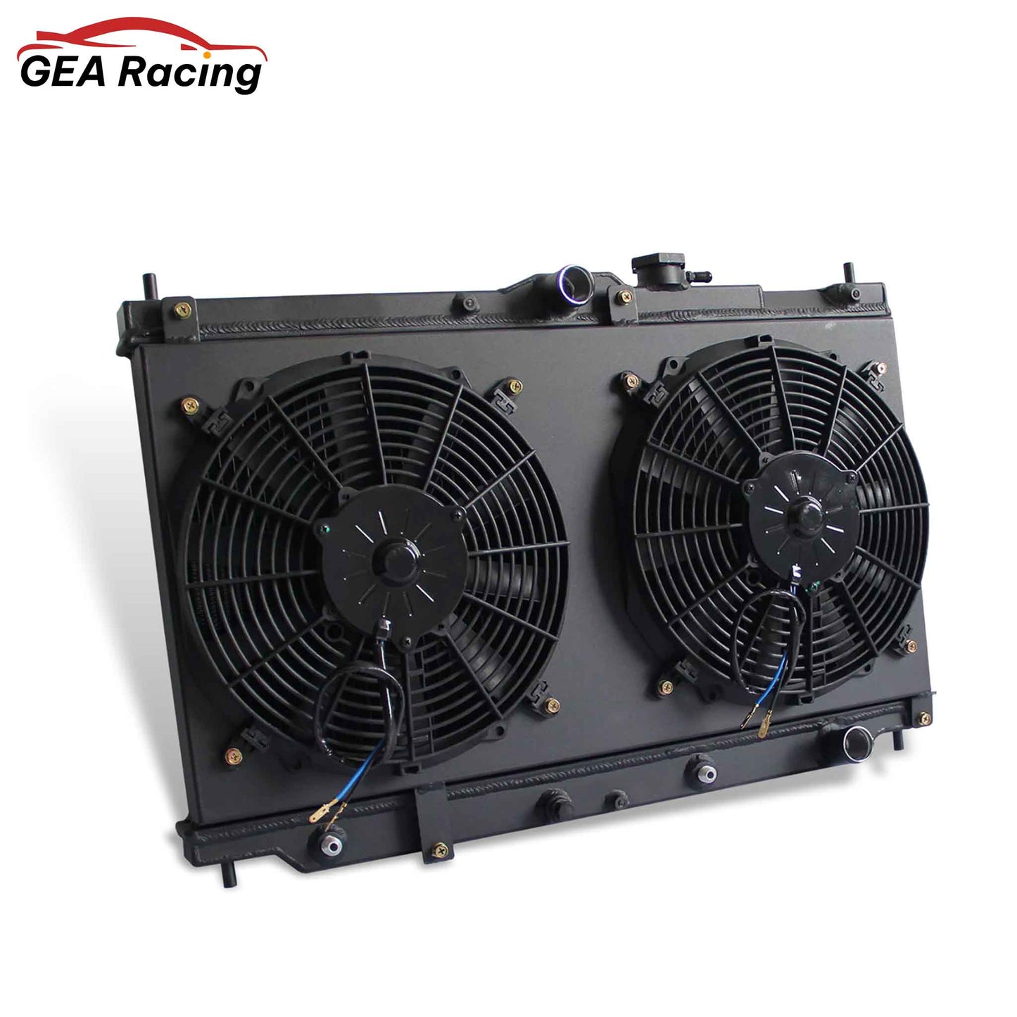 2 Row black aluminum radiator and fan shroud left side view for Honda Prelude/Accord 1990-1996 L4 AT MT