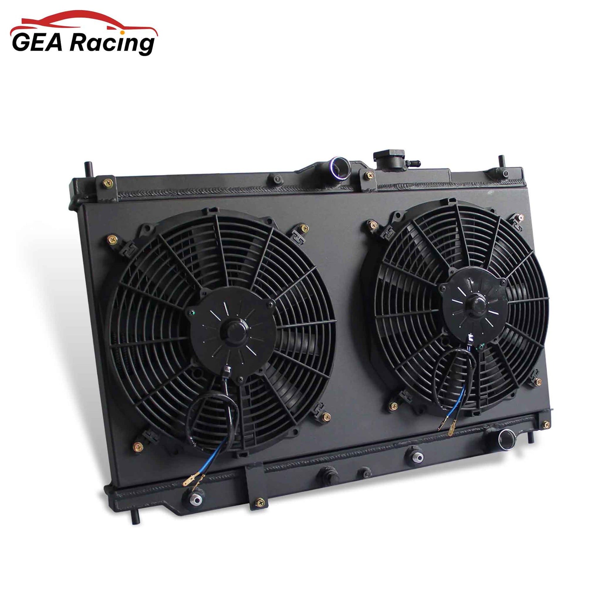 2 Row black aluminum radiator and fan shroud left side view for Honda Prelude/Accord 1990-1996 L4 AT MT