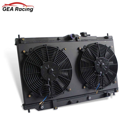 2 Row black aluminum radiator and fan shroud left side view for Honda Prelude/Accord 1990-1996 L4 AT MT