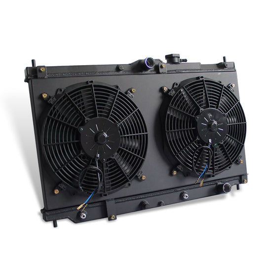 2 Row black aluminum radiator and fan shroud left side view for Honda Prelude/Accord 1990-1996 L4 AT MT