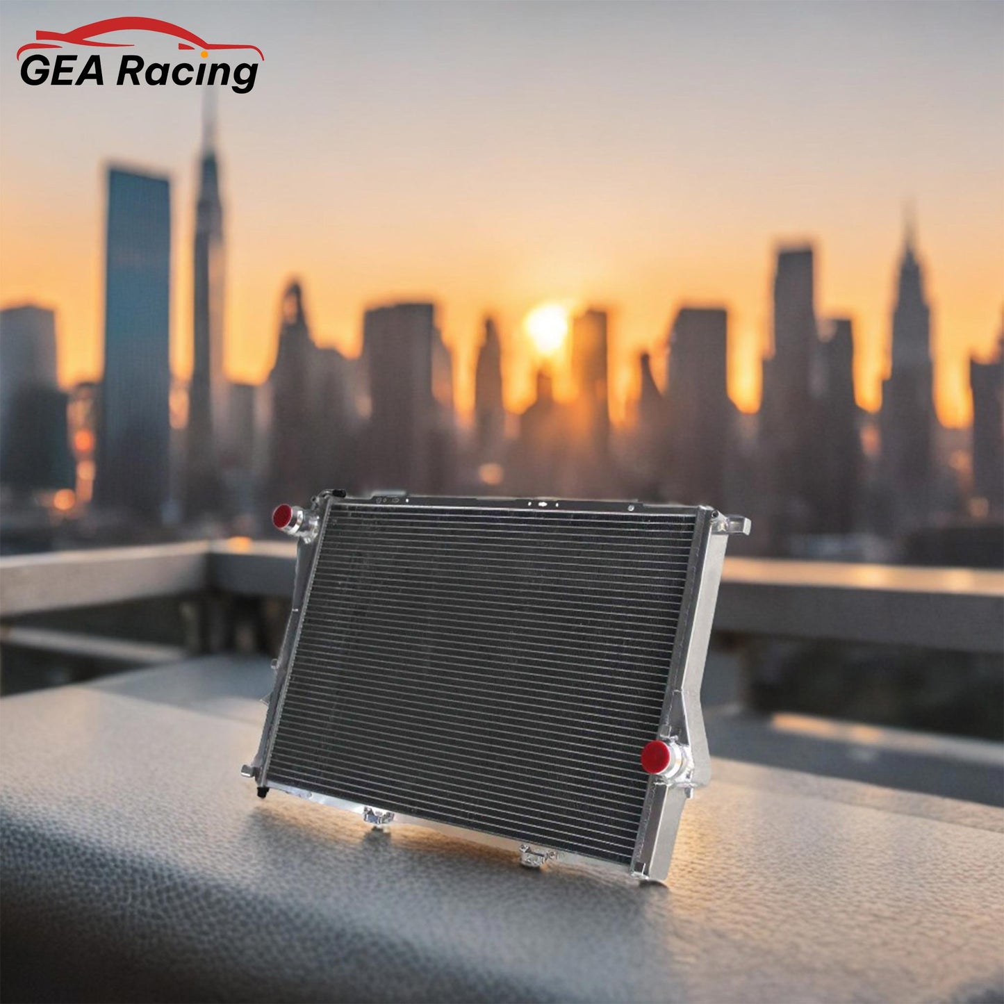 A 2-row aluminum radiator perfectly installed in the engine bay of a BMW E39 M5, showcasing a clean fitment and essential cooling upgrade.
