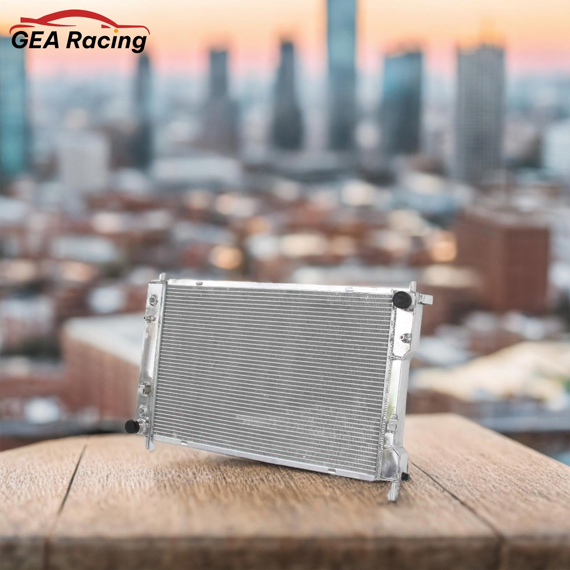 A 3-row aluminum radiator installed in the engine bay of a Chevrolet Equinox or GMC Terrain (2008-2017), illustrating a direct fit and enhanced cooling solution.