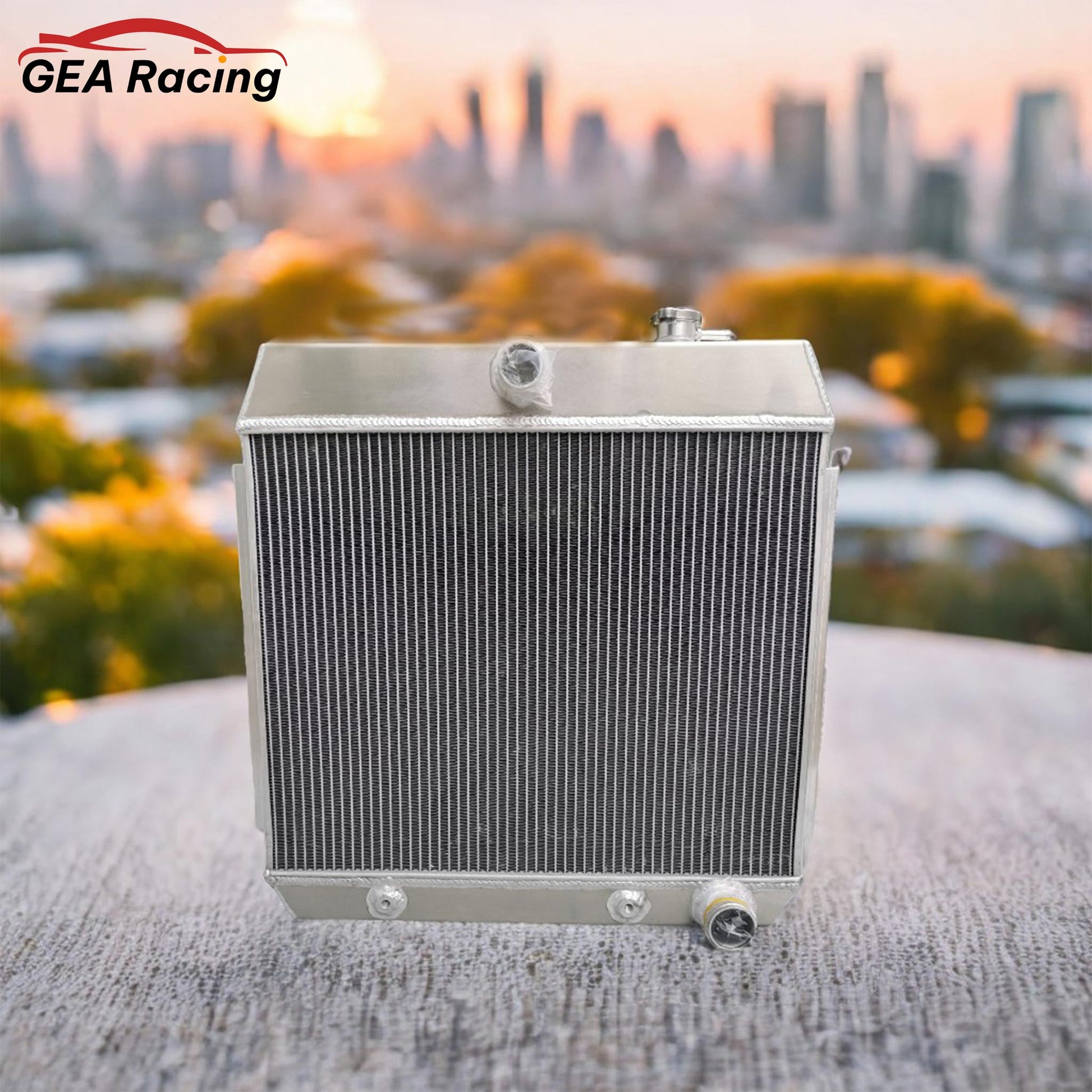 A 3-row performance aluminum radiator installed in a 1957 Chevy Bel Air with a V8 engine, a crucial part of any restoration.