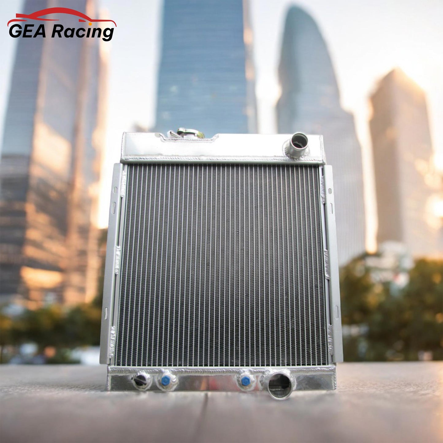 A 3-row performance aluminum radiator installed in a classic 1965 Ford Mustang V8 engine bay, a crucial cooling upgrade for any restoration.