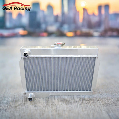 A lightweight aluminum radiator installed in a pristine MG MGB engine bay, demonstrating a clean look and a vital cooling system upgrade.