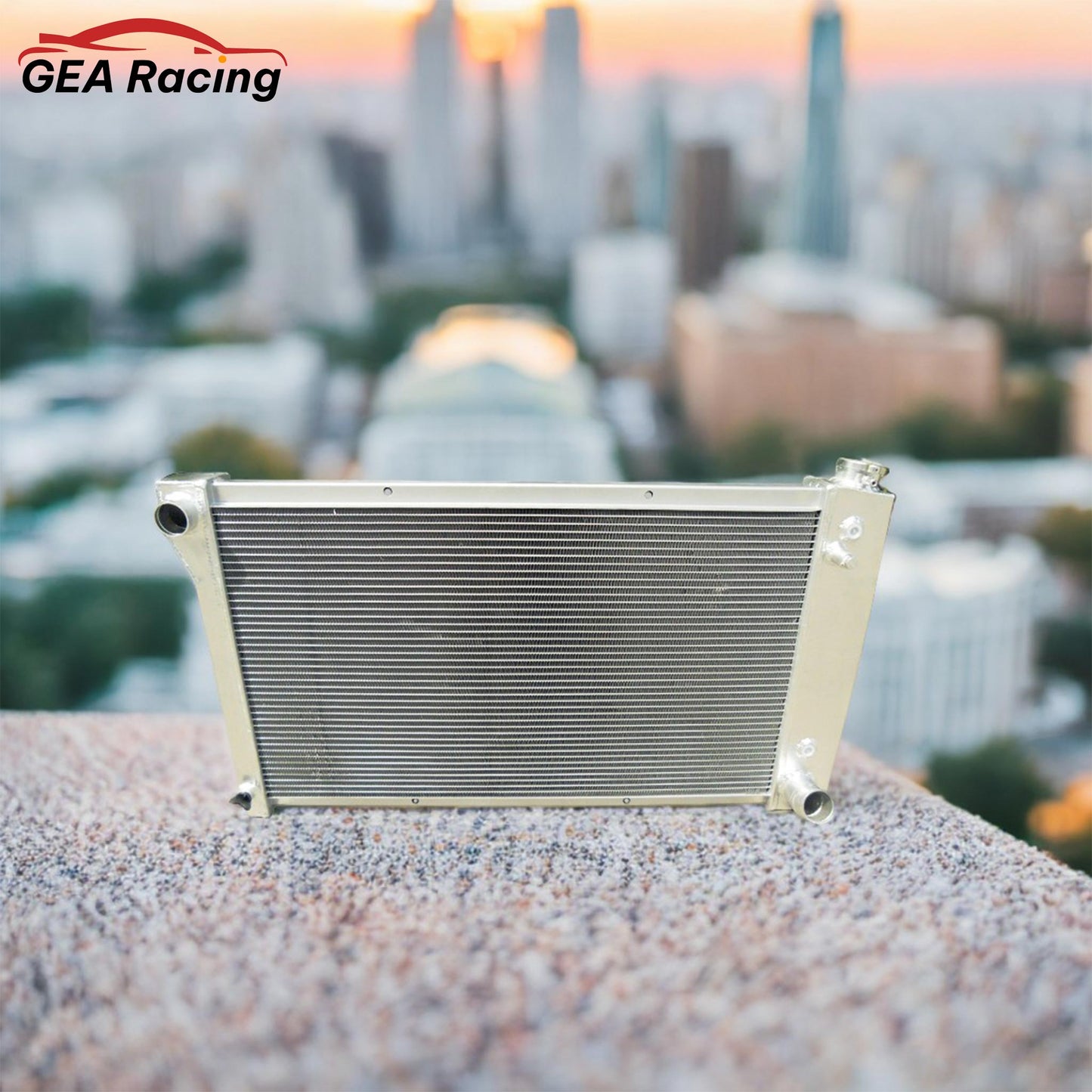 A performance aluminum radiator installed in a 1969 Chevy C10 with a V8 engine, a crucial part of any restoration or restomod.