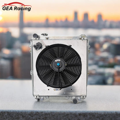 The complete 3-row radiator and fan kit installed in a Toyota 4Runner with a 1KZ-TE engine, a vital upgrade for towing or off-roading.