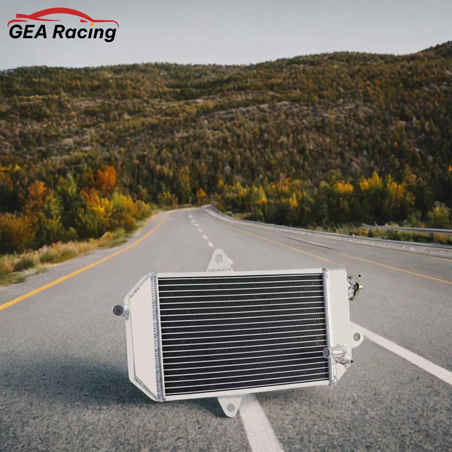Installed view of 3-row aluminum radiator on 1987–2006 Yamaha Banshee YFZ350, showing engine bay fitment and routing