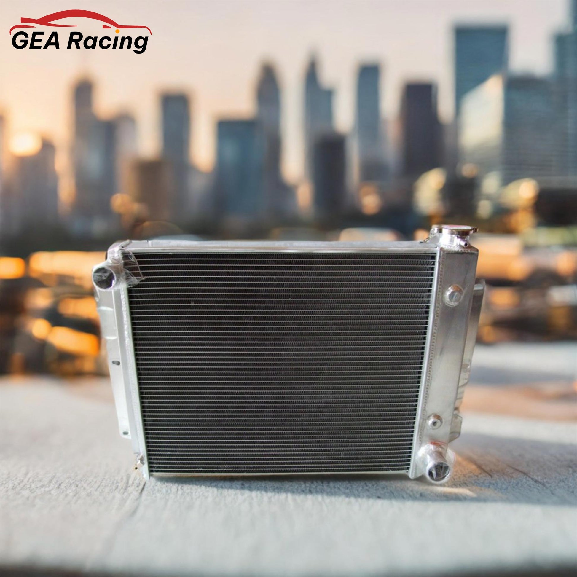 Aluminum radiator installed in a Jeep Wrangler TJ, providing superior cooling for its powerful Chevy V8 engine conversion.