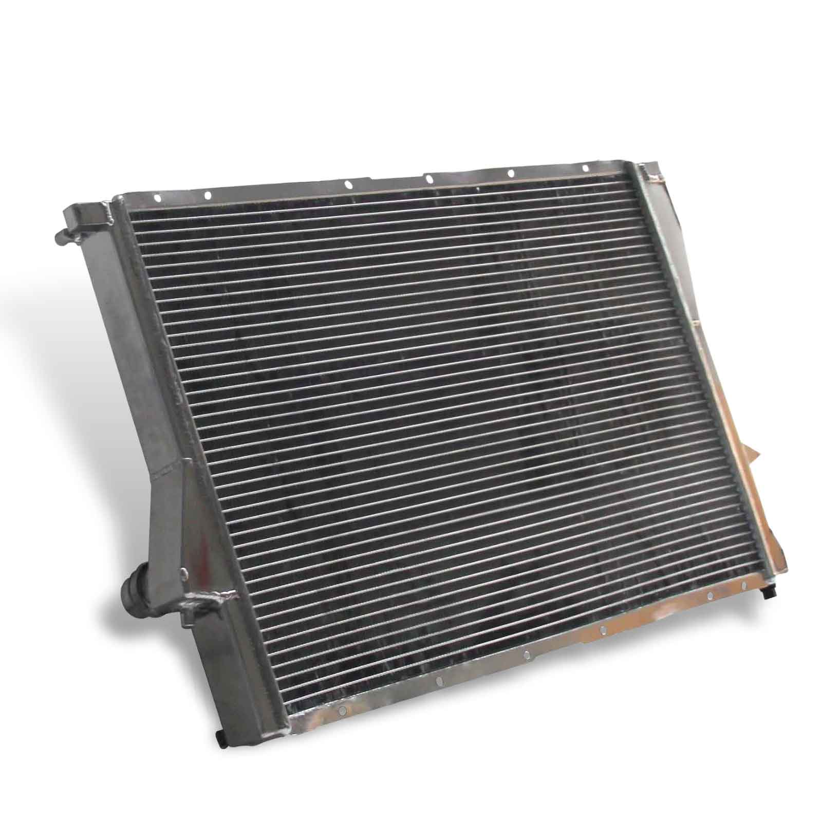 Left side profile of the heavy-duty 2-row aluminum radiator designed for enhanced cooling on the 1999-2006 BMW 540i, M5, and 7 Series V8 models.