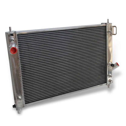 Left side profile of the heavy-duty 3-row aluminum radiator designed for enhanced cooling on the 2009-2015 Chevrolet Aveo and Pontiac G3 Wave 1.6L.