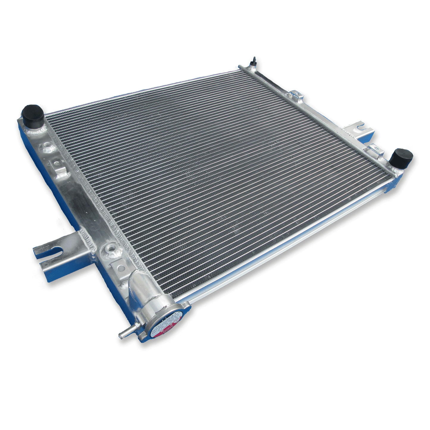 Left side profile of the performance aluminum radiator for Jeep Grand Cherokee WJ/WG, highlighting the durable tank construction and coolant inlet port.