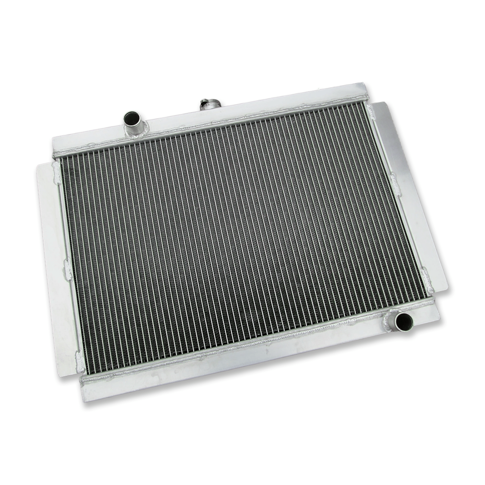 Left side profile of the performance aluminum radiator for Nissan 280ZX S130 and 280Z S30 models, highlighting the robust, fully welded end tank and coolant inlet port.