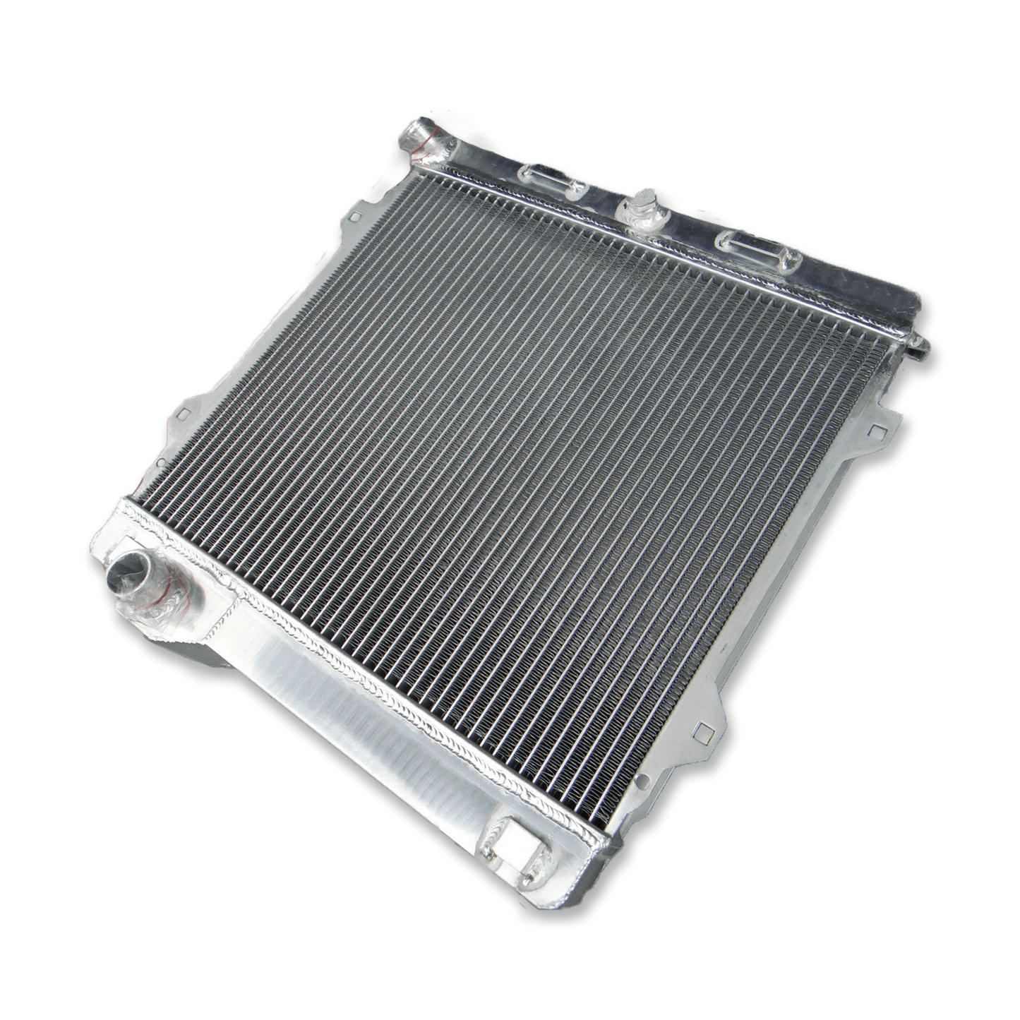 Left side profile of the all-aluminum radiator for the iconic BMW E30 M3, highlighting the robust TIG-welded end tanks.