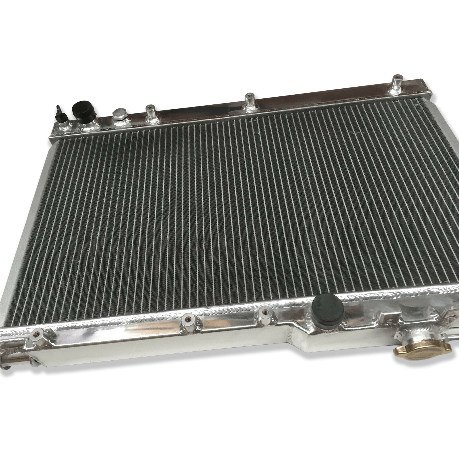 Left side profile of the all-aluminum radiator for the Celica GT-Four ST205, highlighting the robust TIG-welded end tanks for high-boost applications.