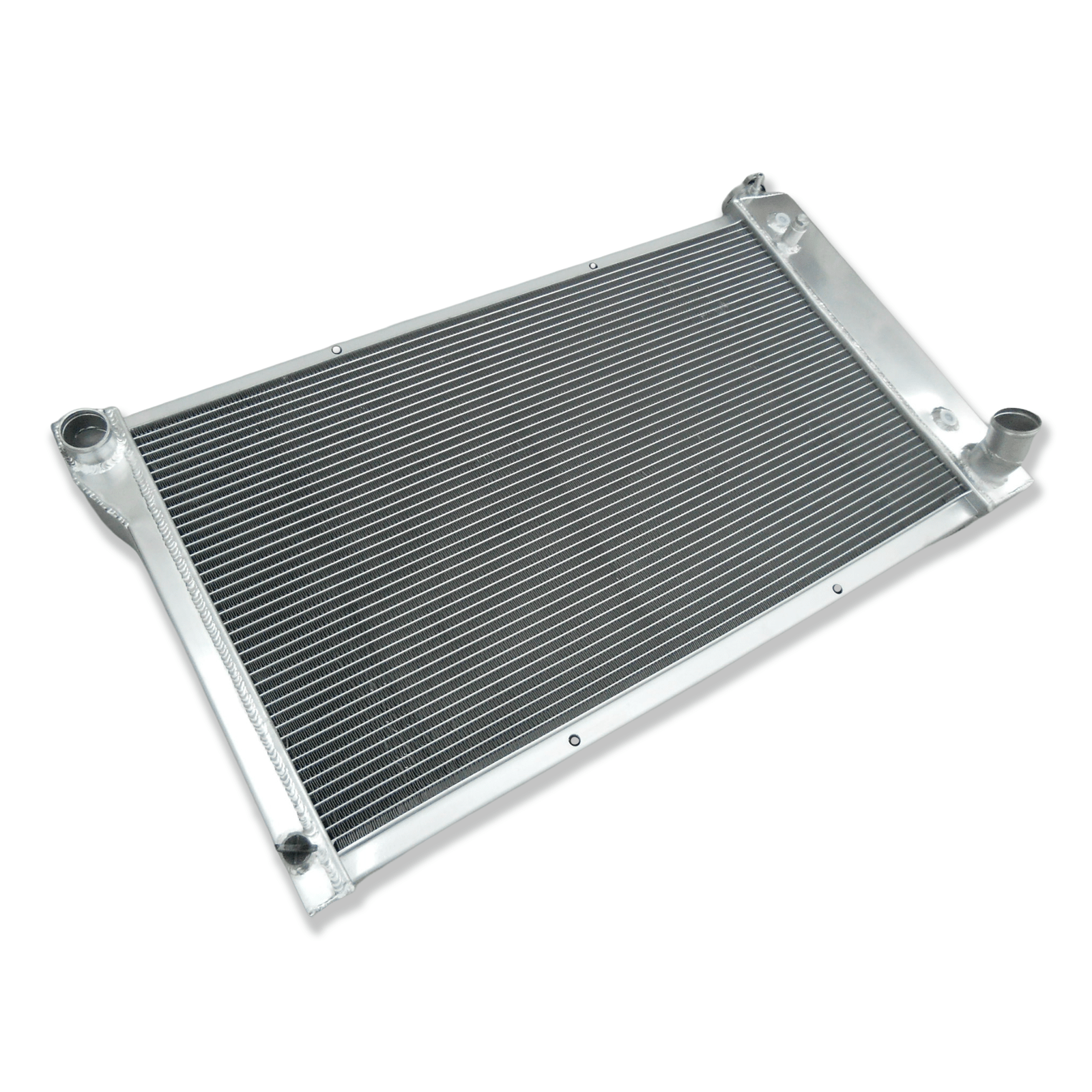 Left side profile of the all-aluminum radiator for the classic Chevy C10 truck, highlighting the robust TIG-welded end tanks.