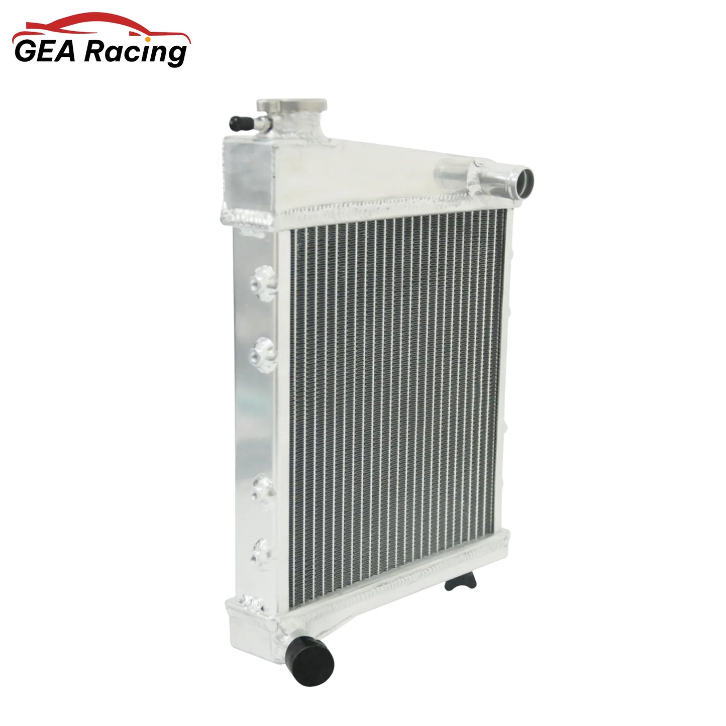 Left side profile of the all-aluminum radiator for the classic Mini, highlighting the robust TIG-welded end tanks.